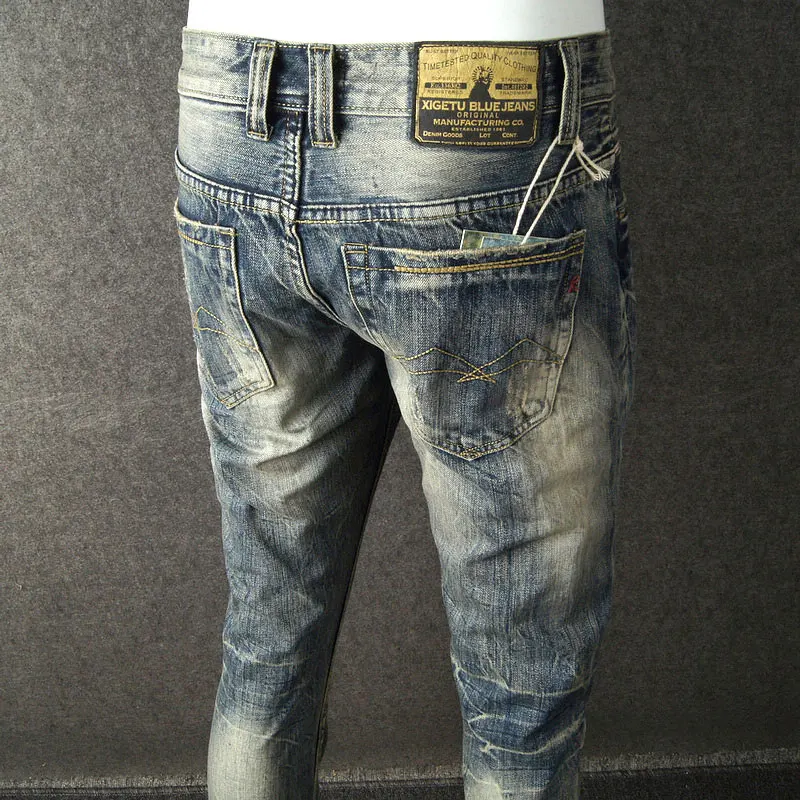 European Street Fashion Men Jeans Retro Distressed Patchwork Slim Fit Ripped Jeans Men Vintage Designer Casual Denim Punk Pants