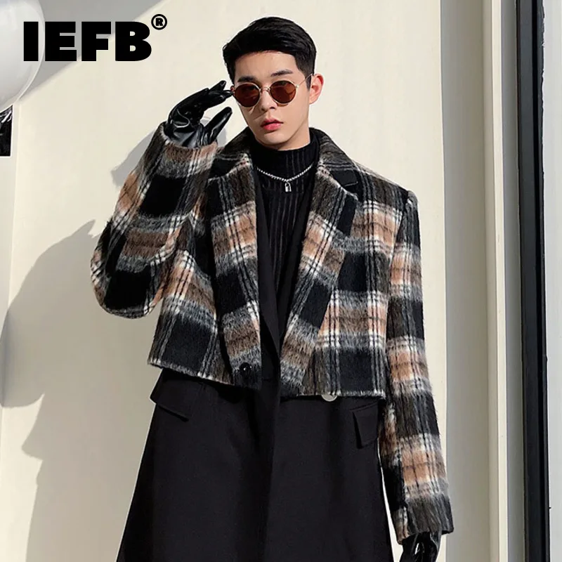 

Модные мужские шикарные клетчатые утепленные шерстяные блейзеры IEFB, новинка, Свободное пальто с отложным воротником на одной пуговице, ста...