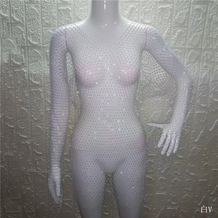 White V Neck Блестящие стразы, женские сетчатые мини-платья с блестками, сексуальные сетчатые прозрачные вечерние Клубные платья с длинным рукавом - Цвет: White V Neck