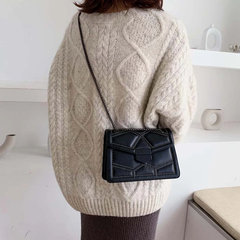

NEW-New Fashion Women'S Shoulder Bag Rivet Chain Small Messenger Bag Ladies Luxury Handbag Leather Bag