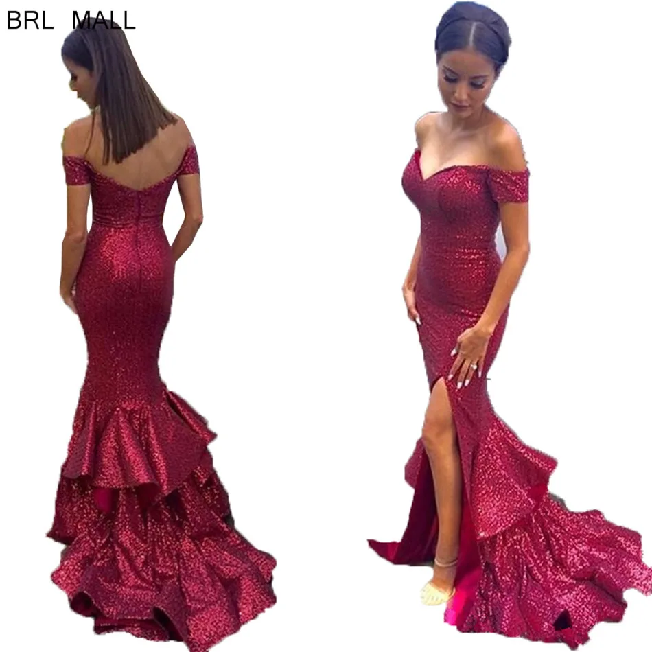 

2020 Burgundy Sequined Mermaid Evening Dresses New Bridesmaid Party Gowns Side Slit vestido de festa Formal Dress robe de soiree