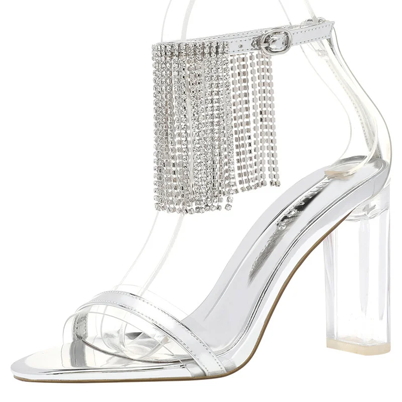 

Crystal heel transparent high heel sandals women's summer 2021 new tassel chain square head hollow one word sandals with thick