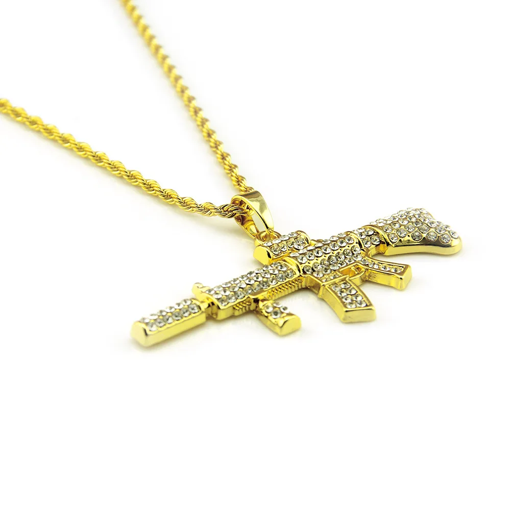 

Hand Holding Dripping Gun Shape Pendant Necklace Gold Color Iced Out Cubic Zirconia Men's Hip hop Rock Jewelry 7.4*3CM