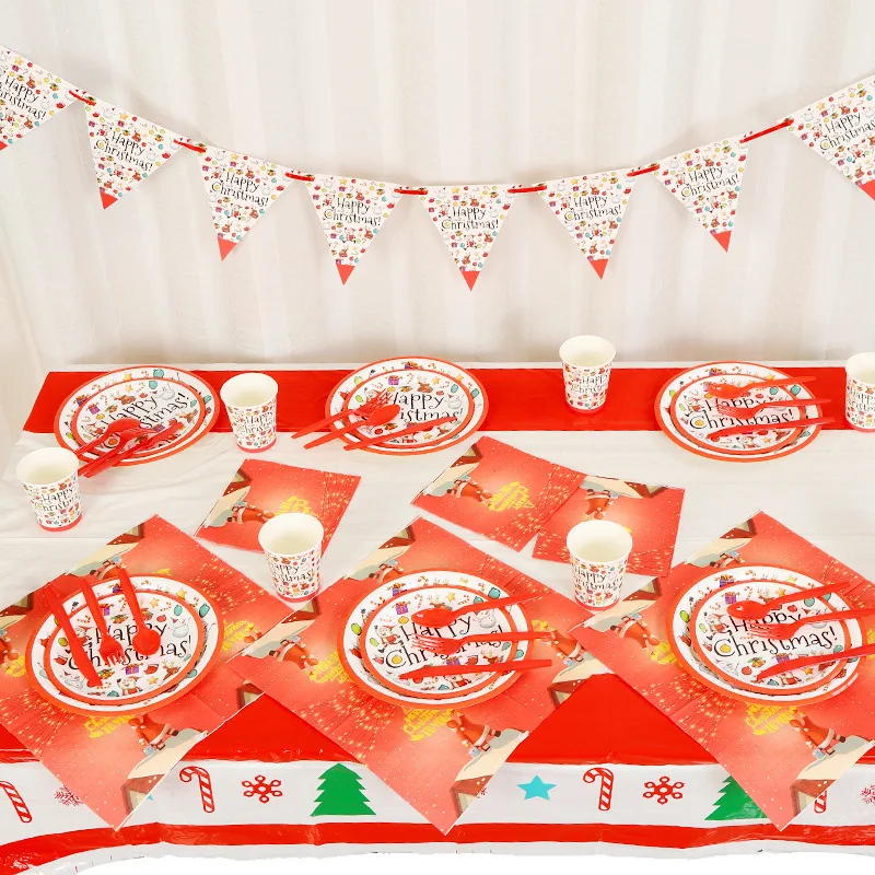 

New Christmas Party Theme Set Paper Cup Paper Towel Banner Tablecloth Christmas Party Set