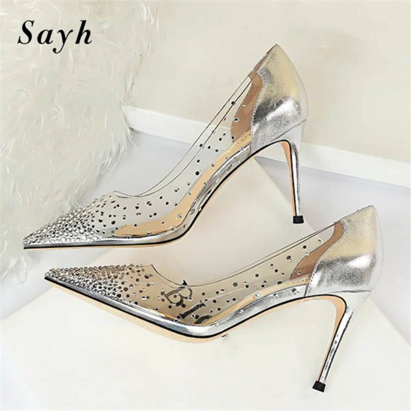 

Women shoes high Heel pointed toe pumps party wedding sandals Sexy Stiletto Bridal Shoes ladies shoes transparent rhinestone