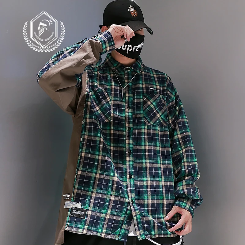

Men Fashion Loose Plaid Print Casual Patchwork Hip Hop Shirts