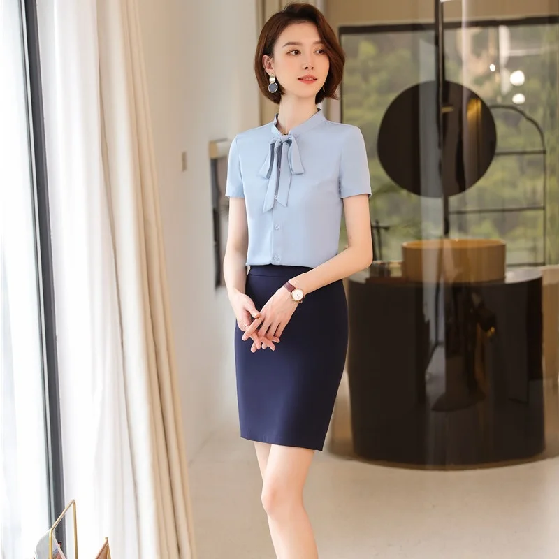 2021 Women 2 Pieces Casual Interview Suit with Slim Skirt and Blouse with Bow Tie Novelty Blue Female Office Ladies Shirt Suits
