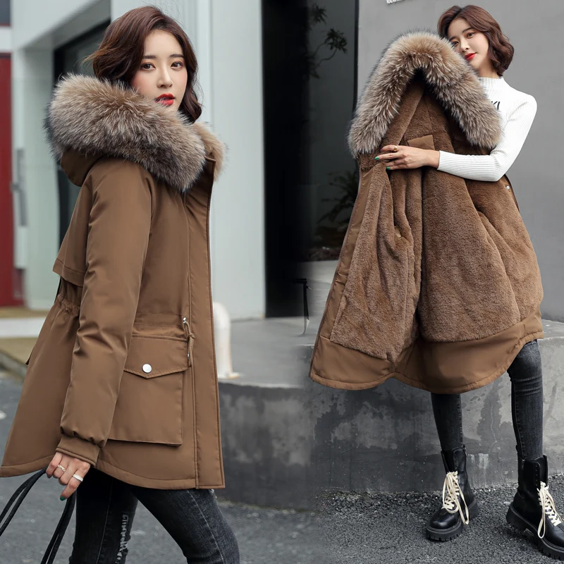 

Women's Faux Fur Collar Hooded Thick Long Winter Jacket Warm Coats For Women 2021 Wool Fur Lining Female Parkas Padded Snow Wear