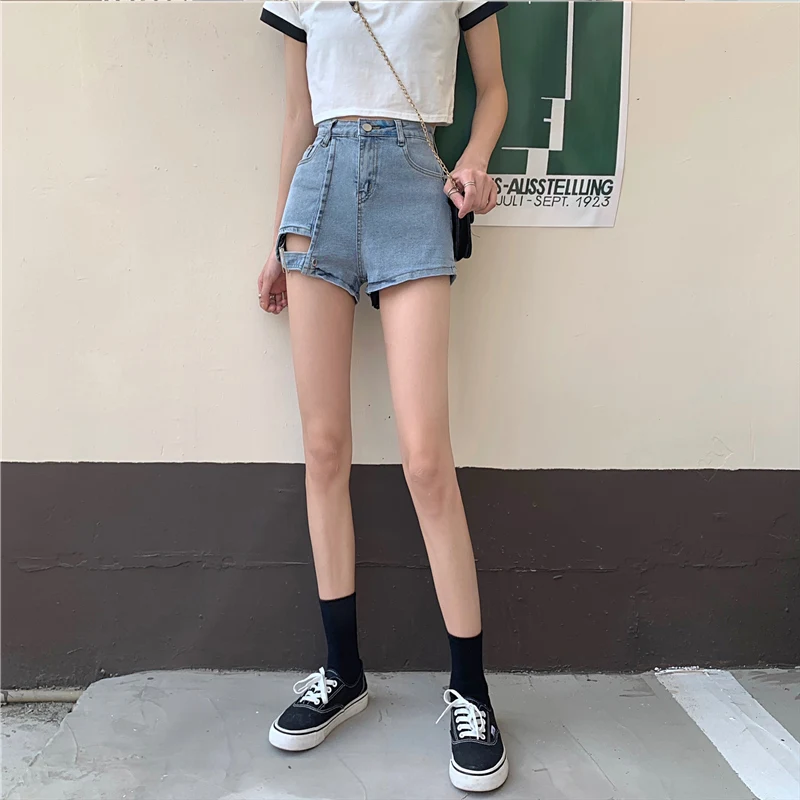 

TIGENA Irregular Black Denim Shorts Women 2021 Summer Korean Fashion High Waist Jeans Shorts Female Short Pants