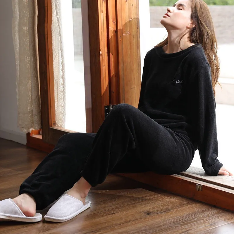 

2020 Women Coral Velvet Pajamas Set Winter Thick Warm 2 Pieces/Set Soft Sleepwear High Quality Round Neck Woman Home Loungewear