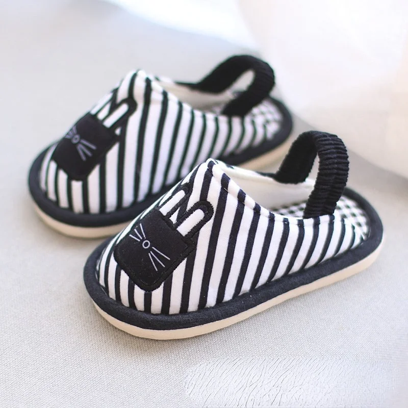

2021 New Cotton Fabric Kids House Slippers with Elastic Band Cartoon Cat Girls Slides Stripes Baby Boy Slipper Home Shoes E09091