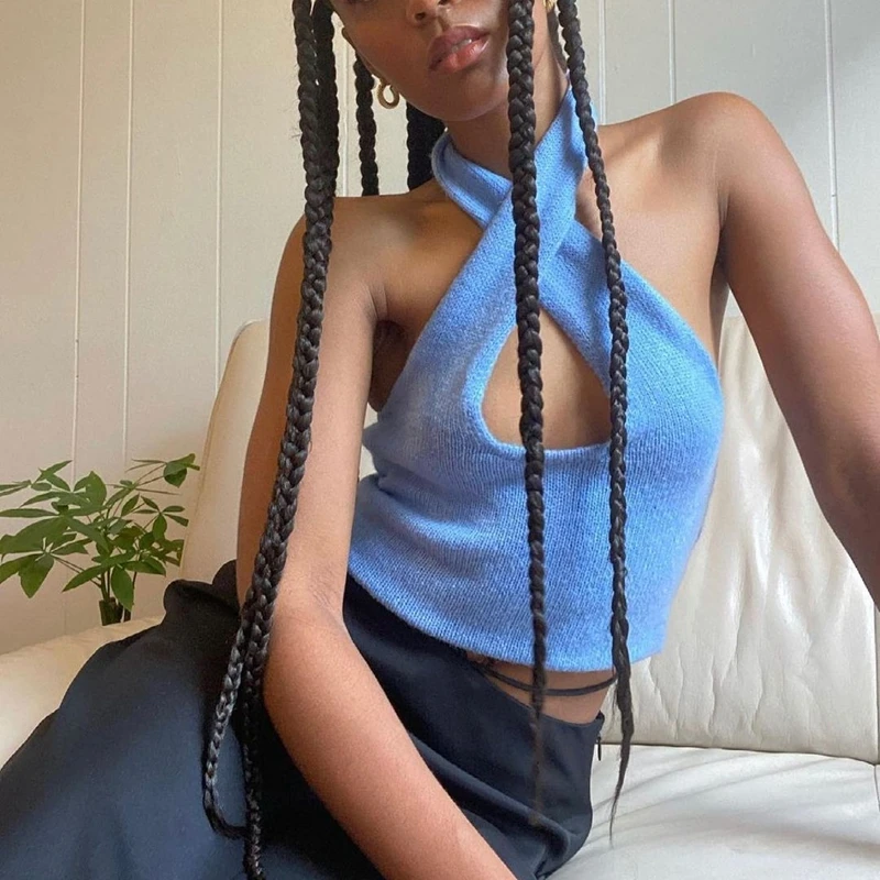 

Y2K Aesthetic Criss-Cross Knitted Halter Top Women Sexy Hollow Out Chest Wrap Backless Cropped Cami Summer Sleevless Mini Vest