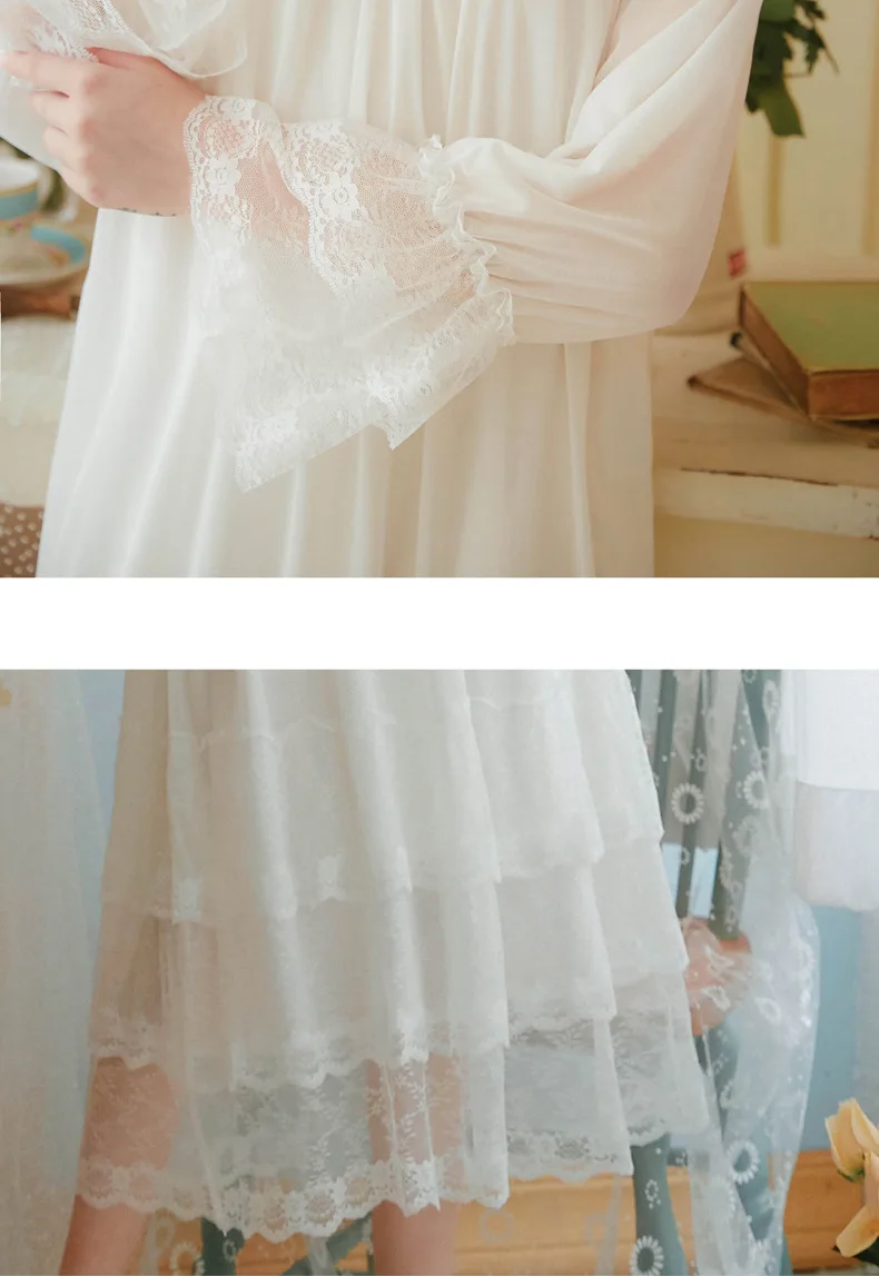 

Vintage Embroidery White Modal Women's Long Nightgowns Sweet Net Yarn Sleepwear Elegant Princess Female Spring Autumn Homewear