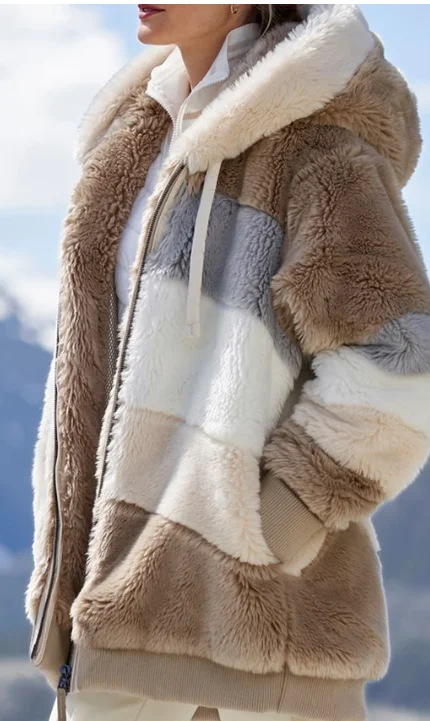 

Womens Casual Loose Warm Thick Color Block Faux Fur Fluffy Fuzzy Drawstring Sweatshirts Athleisure BF hoodie Sudadera Outerwears