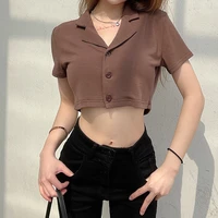 2021 summer womens new hot girl short cropped cardigan lapel short sleeved shirt female brown solid color short shirt top