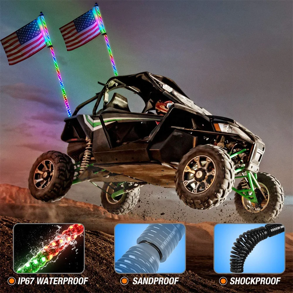 

For Can am ATV UTV RZR Polaris Dune Offroad Truck Spiral RGB Led Whip Light with Spring Base APP&RF Remote Control Lighted Whips