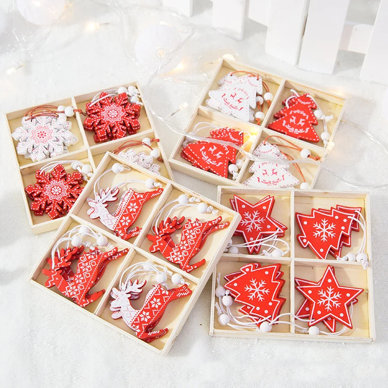 12 шт./лот DIY бело-красные рождественские деревянные подвесные украшения с принтом