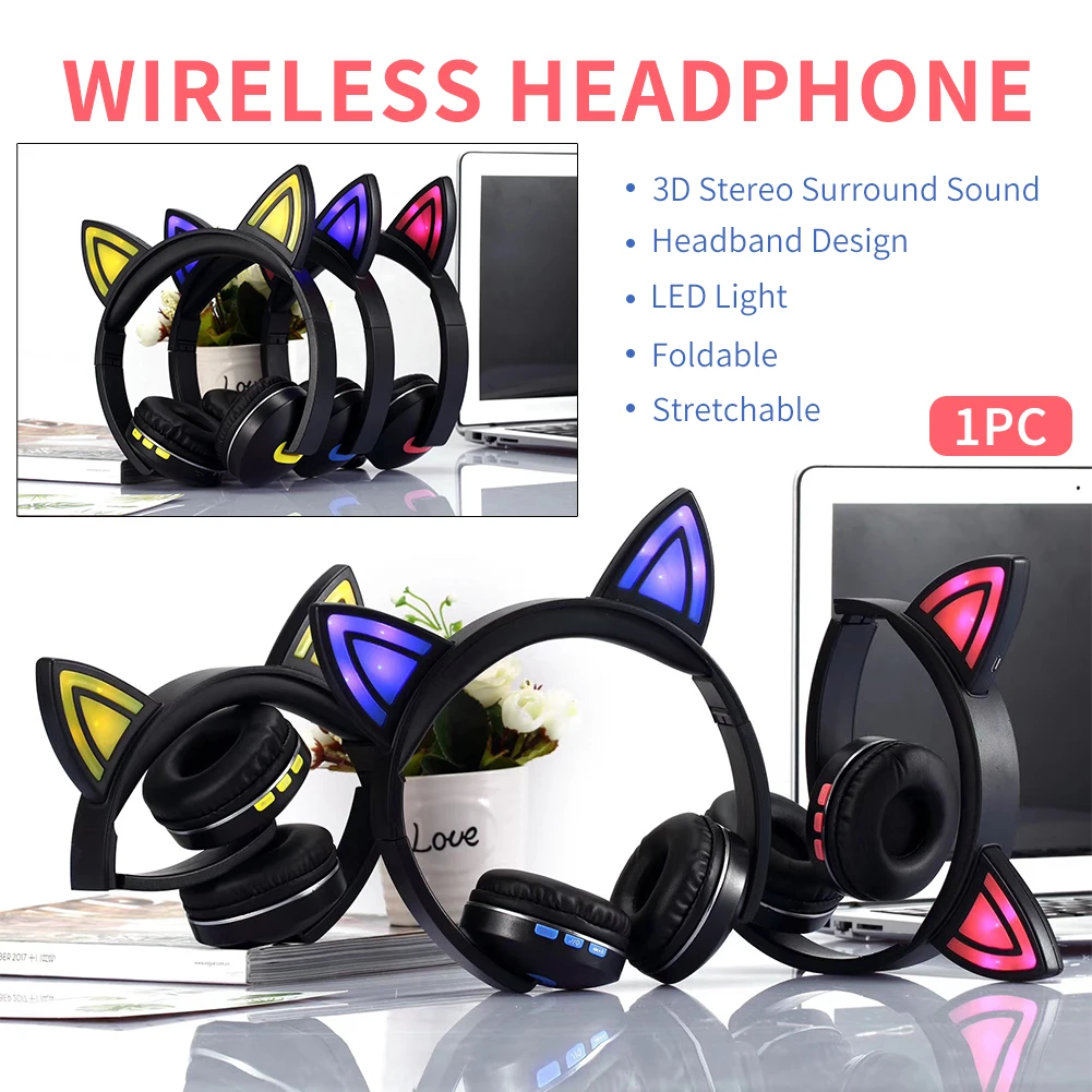

Surround Sound Stereo Bluetooth Headphone 3.5mm Cute Cat Ear Foldable Stretchable Kids Adults LED Light Gift Wireless Headphones