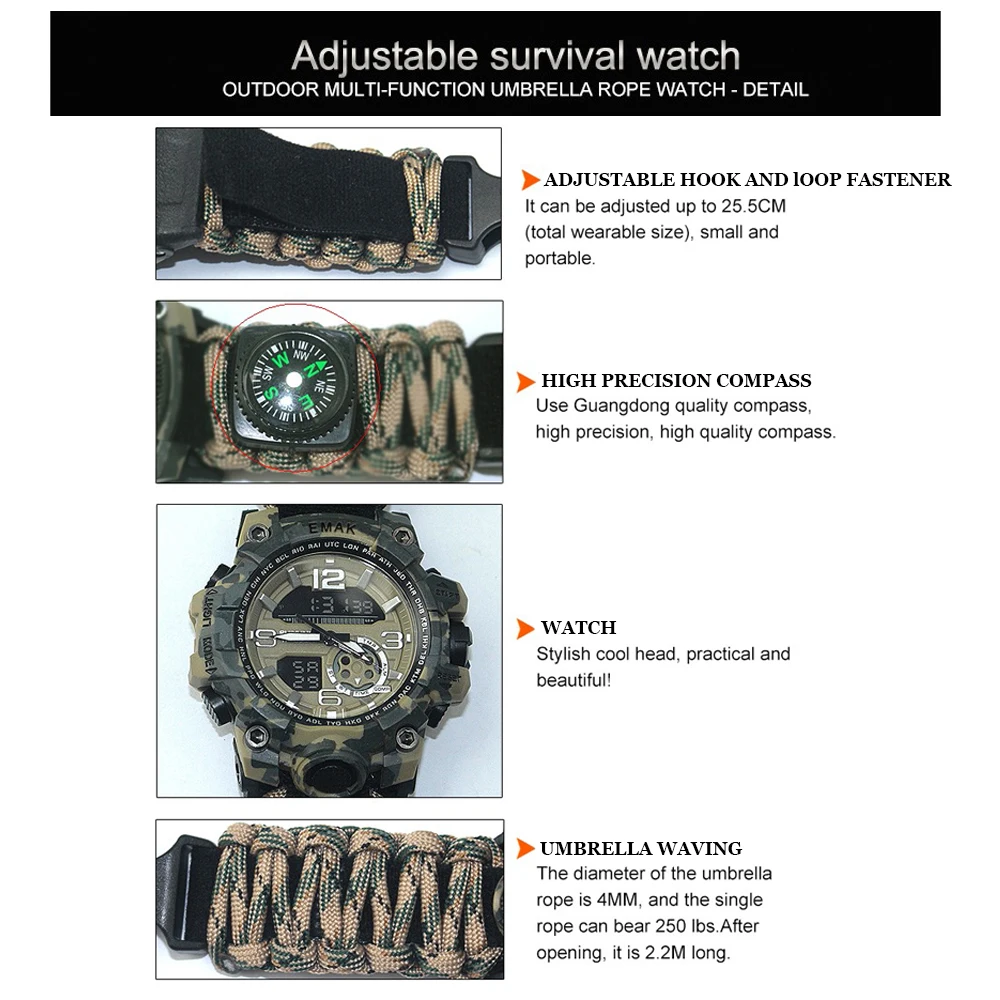Goede 7 In 1 Outdoor Survival Horloge Tactische Paracord Armband Horloge Met Kompas Schraper Thermometer Paracord Fluitje Camping Gereedschap