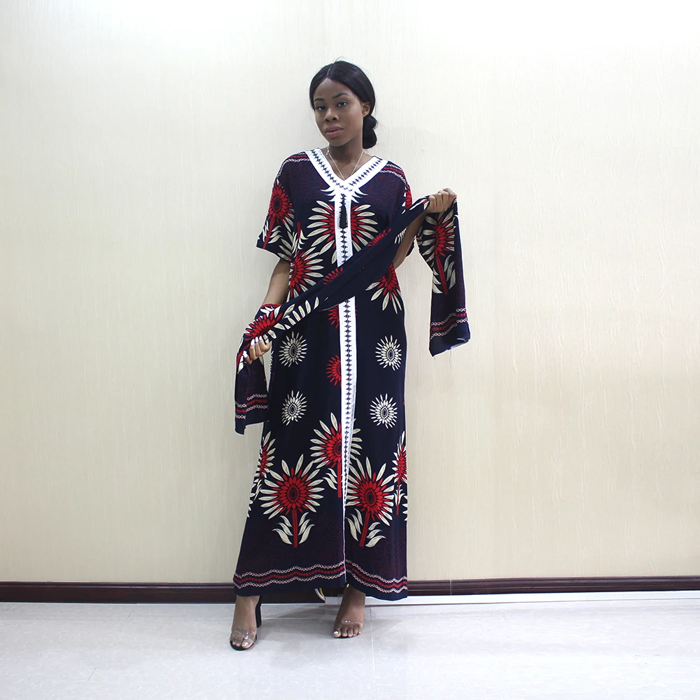 Dashikiage Новое поступление модные африканские Дашики цветочный принт черный Чистый хлопок Аппликации Элегантные африканские женские платья