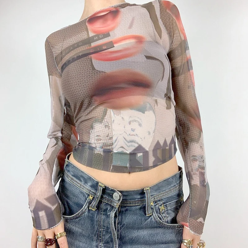 Футболка женская сетчатая с принтом прозрачный кроп-топ в стиле Харадзюку