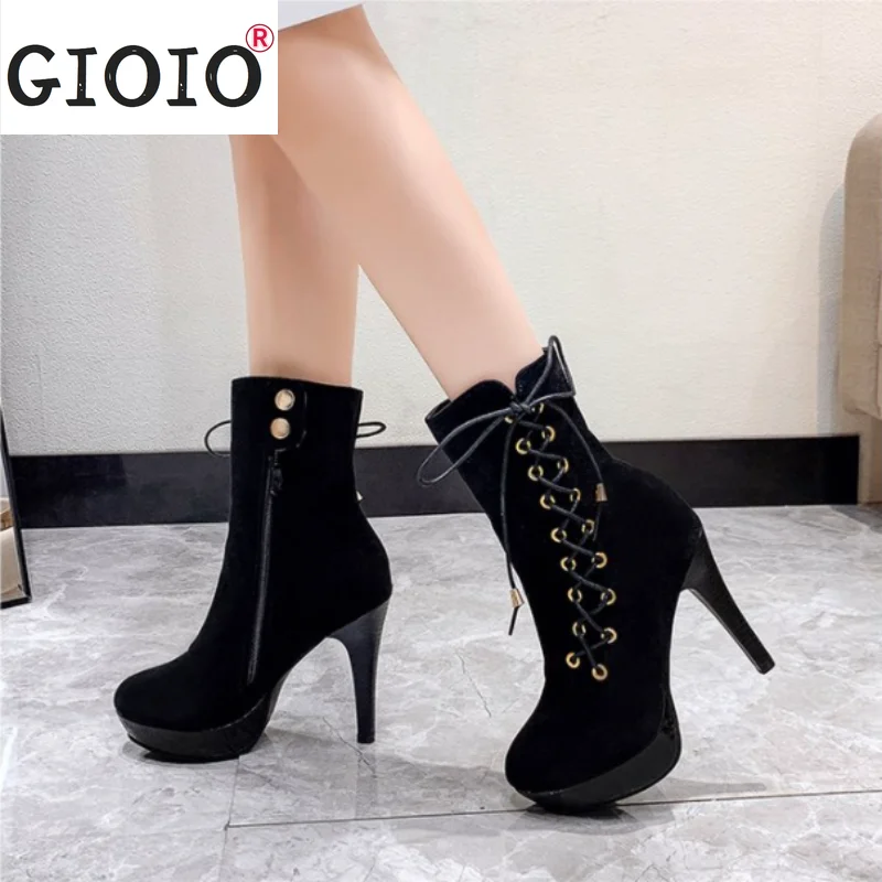 

Массивные туфли-лодочки, женские ботильоны, женские осенне-зимние женские флоковые туфли на высоком каблуке, модная женская обувь со шнуров...