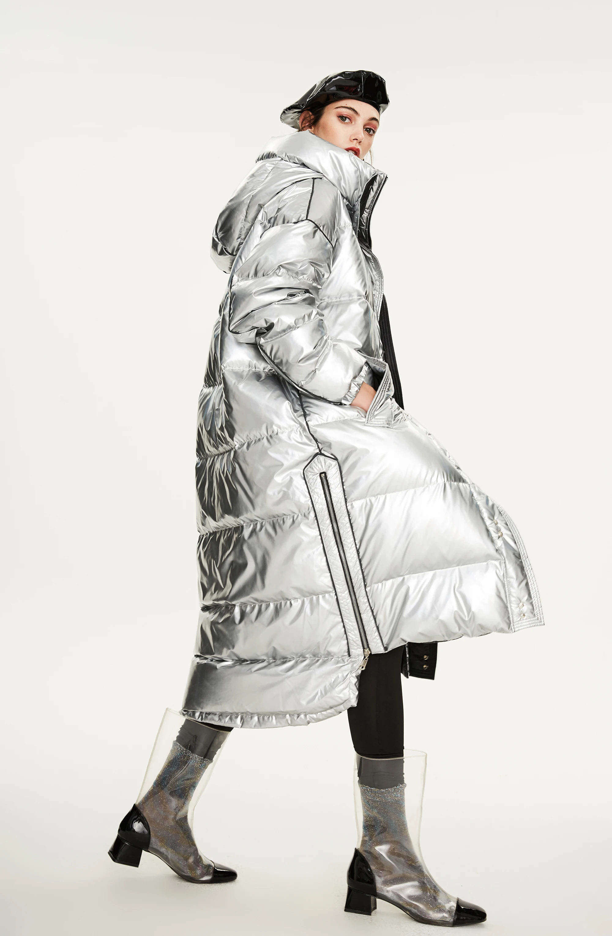 Женский удлиненный пуховик серебристый утепленный свободный для пар новинка 2020 |