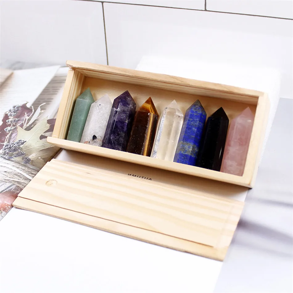 

1set Wooden box gift box High quality Decorative Natural Hand Carved crystal points quartz wand pillar for sale healing Wand