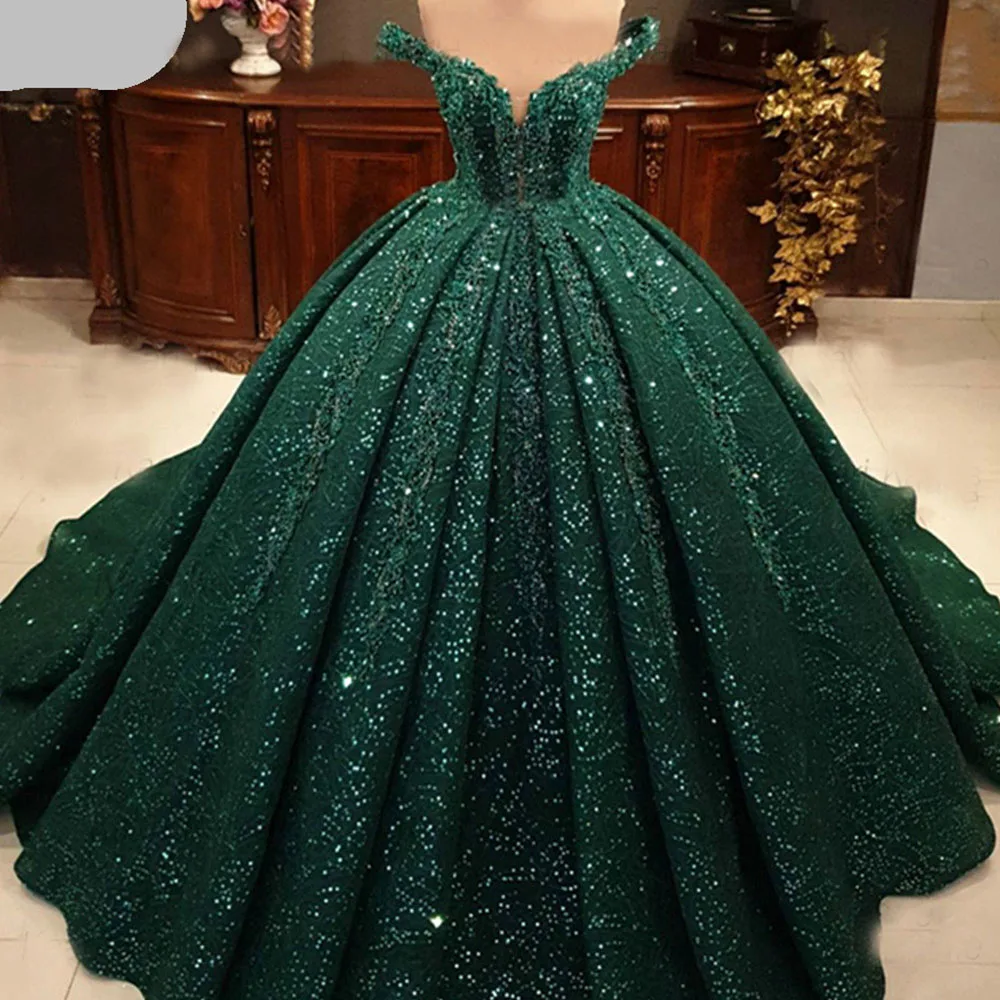 Arabic Green Sequins Beading Wedding Dress Off Shoulder Lace Evening Party Gowns Sweep Train Muslim Customize