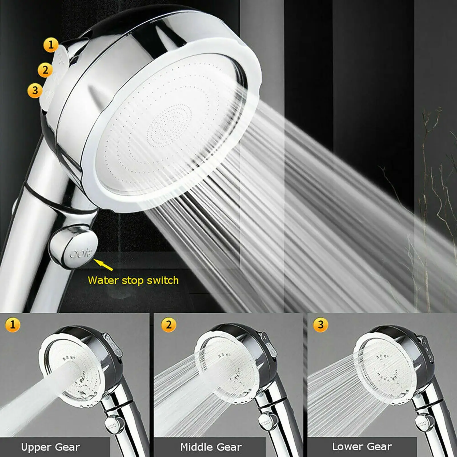 

High Pressure Shower Head 360 Degrees Rotating 3 Mode Rainfall Powerful Boosting Spray Handheld bathroom accessories
