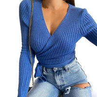 2021 autumn winter women sweater stylish ribbing v neck knitted pullover long sleeve bandage knitted top streetwear for women
