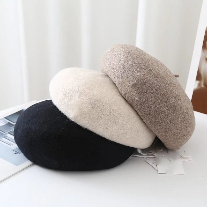 

Women's Cotton Hat Big Head Circumference Wool Embroidery Autumn and Winter Versatile Hat British Retro Painter Beret Female