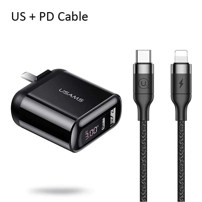 USAMS Quick Charge 3,0 USB зарядное устройство светодиодный дисплей 18 Вт QC3.0 PD 3,0 быстрое зарядное устройство для iPhone iPad Pro двойные порты, для мобильных телефонов зарядное устройство - Тип штекера: US with PD Cable