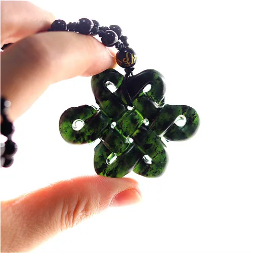 Natural Black Green Jade Chinese Knot Pendant Beads Necklace Charm Jewelry Double-sided Hollow Carved Amulet Gifts for Her Men | Украшения