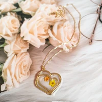 renya handmade resin double heart pendant necklace real pressed dried flower short necklaces for women girl summer jewelry gifts