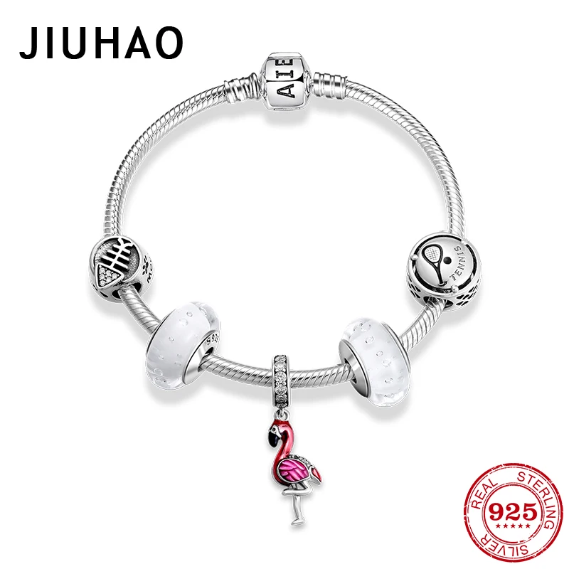 

Flamingo pendant 925 Sterling Silver Charm snake bone chain Bracelets sparkling Beads fashion jewelry women accessories