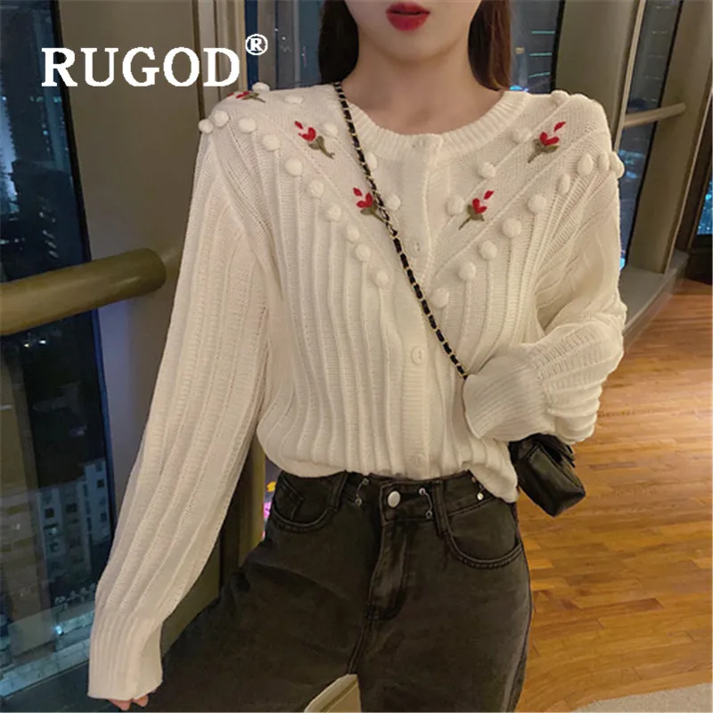 Женский вязаный кардиган с длинным рукавом RUGOD свитер цветочной вышивкой в