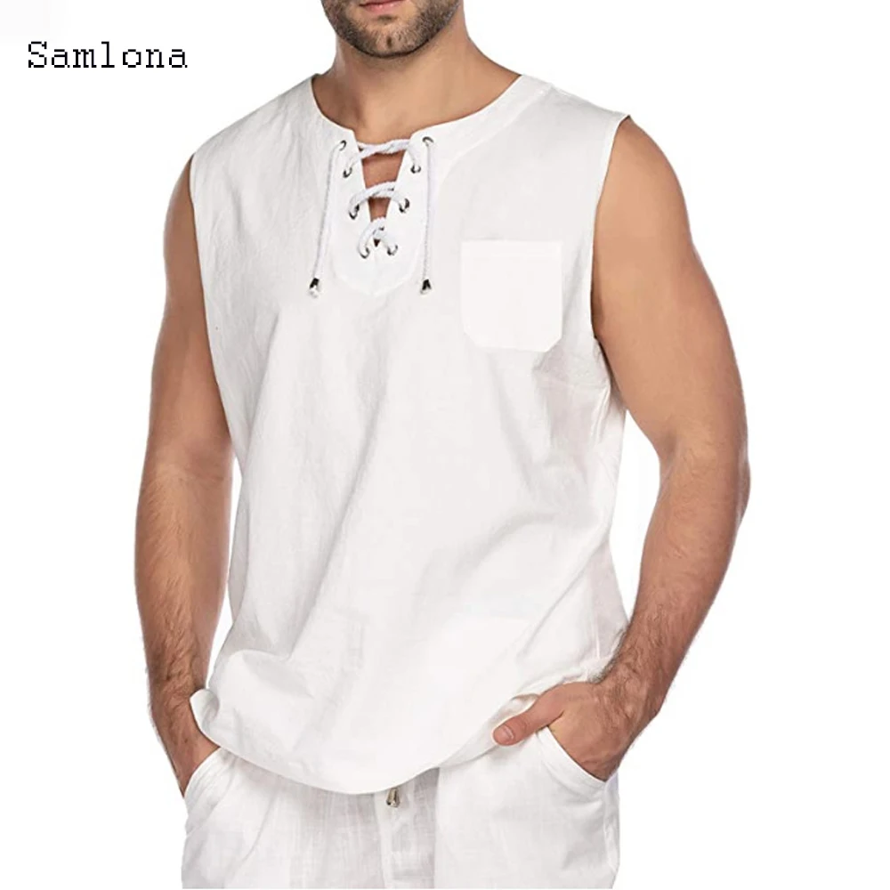 

New Sleeveless Tie Cotton Linen T shirt Mens 2020 Summer Fashion Casual Simple Street Tees Men Youth Thin Color Breathable Shirt