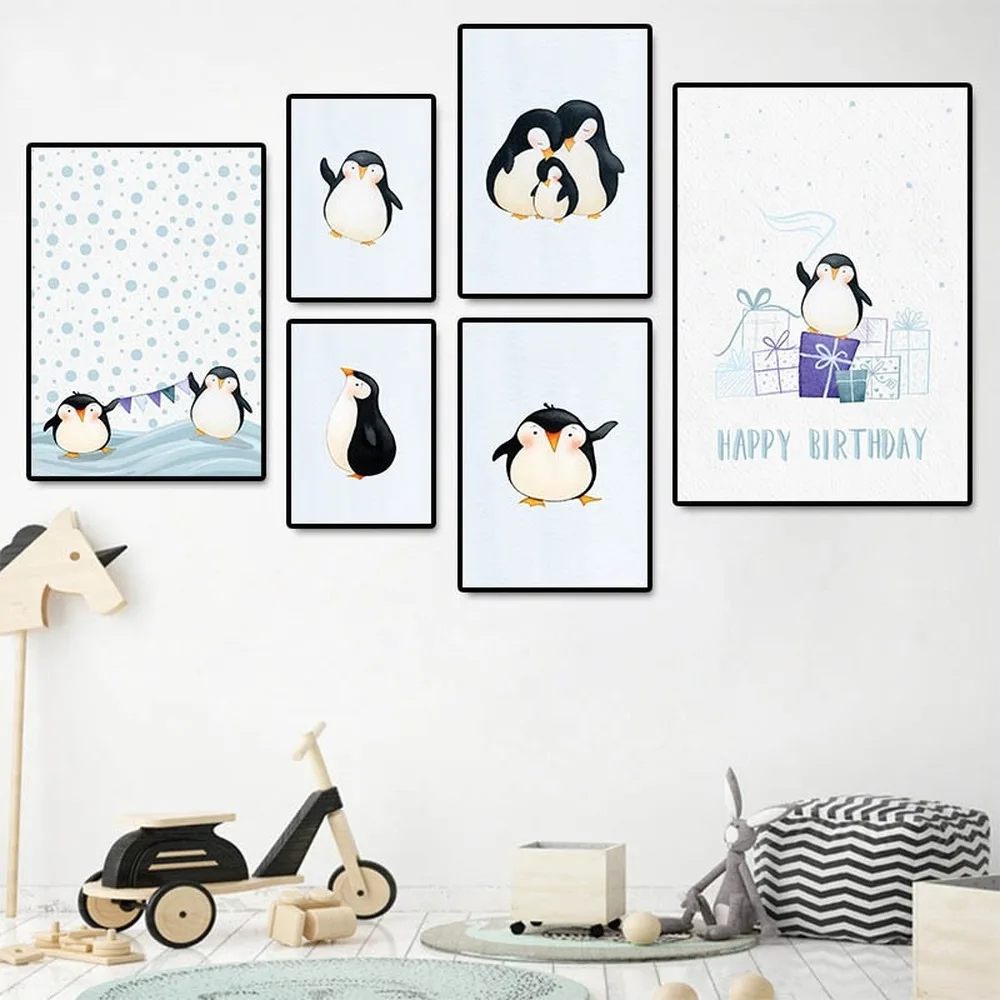 

Cute Cartoon Penguin Animal Canvas Painting Happy Birtday Posters Children's Room Kindergarten Wall Art Decoration Pictures