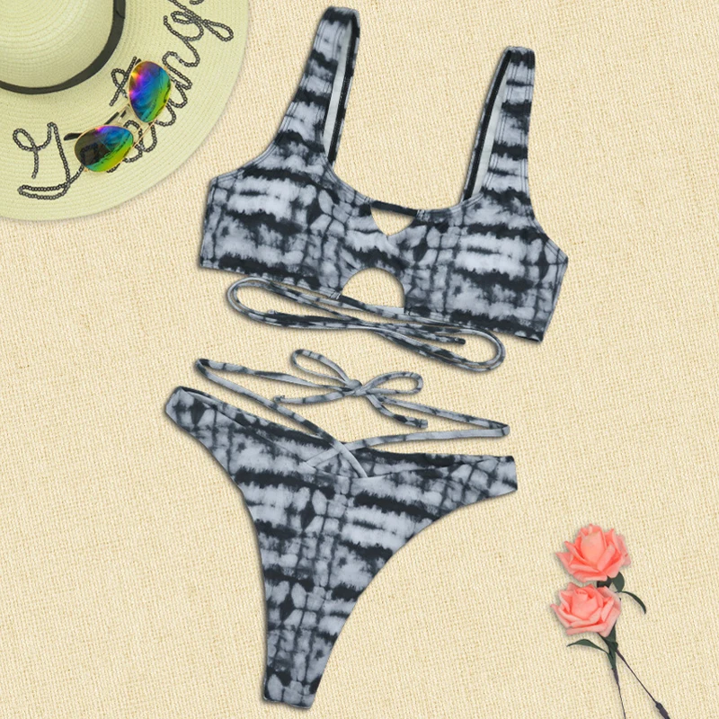

Tie Dye Hollow Lace-Up Cover Ups Bikini Set Women Cross Sexy Beachwear Bathing Suit Female Padded Swimwear Bikinis 2021 Summer