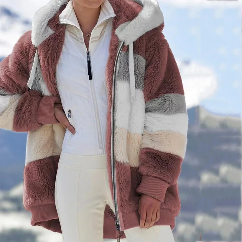 

Women Jacket Fashion Winter Plush Patchwork Zipper Pocket Spring Hooded Jacket Harajuku Loose Long Sleeve Plus Size Women Top Co