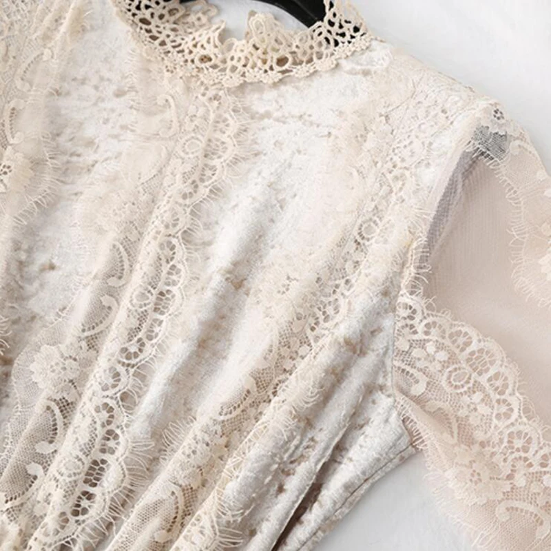 

2021 Spring Long Sleeve Gold Velvet Women Dress Elastic Waist Sweet Mesh Lace Dress Casual Pleated Dress Elegant Party Vestidos