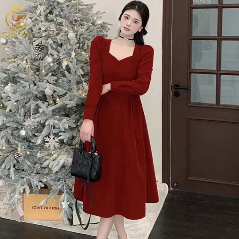 

SMTHMA French Vintage Solid Midi Dress Women Elegant One Piece Korean New Autumn Slim Party Velvet Dress Female Clothing