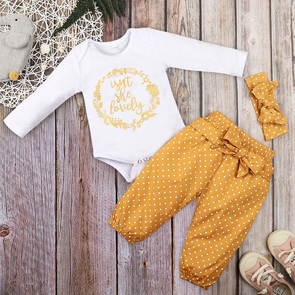 

TELOTUNY Children's clothing Newborn Baby Girl Long Sleeve Romper Tee Tops Polka Dot Pant Headband Outfits Set baby girl clothes