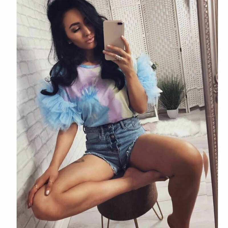 Женская Кружевная футболка с коротким рукавом вечерние футболки из тюля