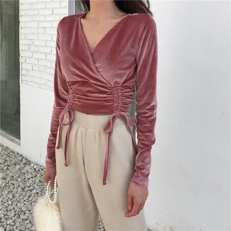 New Korean retro chic style temperament slim slimming gentle V-neck lace short velvet T-shirt top | Женская одежда