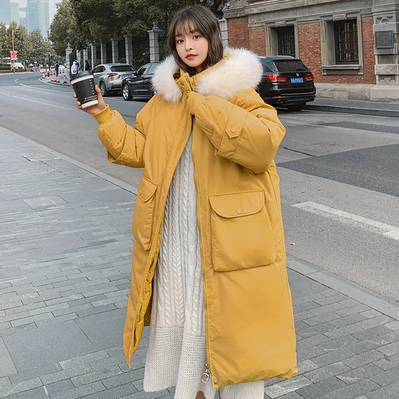 Женская зимняя длинная куртка с капюшоном плотная парка меховым воротником