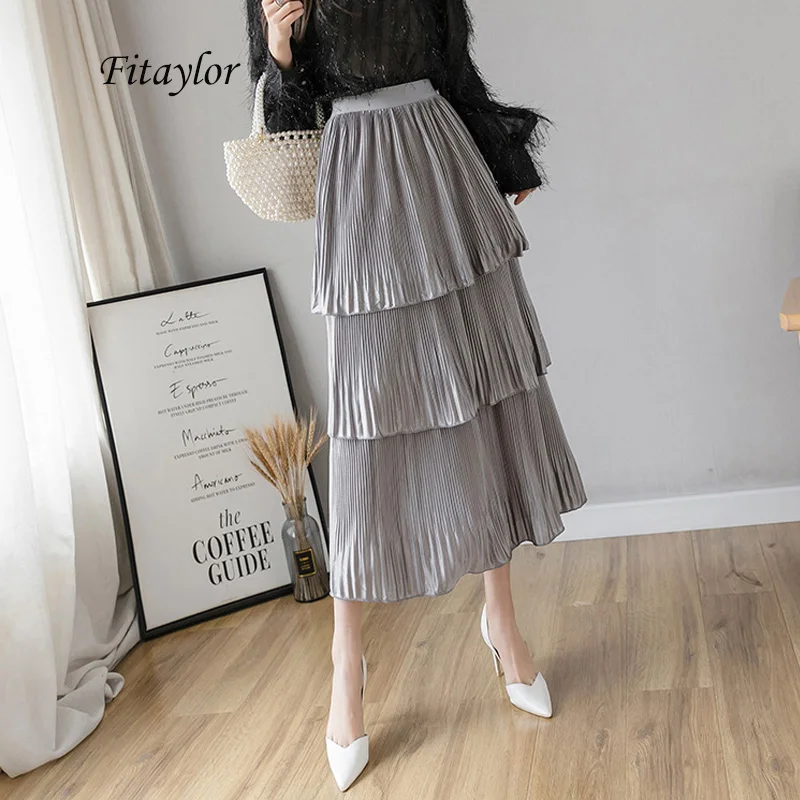 Fitaylor Summer Pleated Skirt Women Elastic Waist Ruffle Leaf Slim Elegant Pink Black Gary High Long | Женская одежда