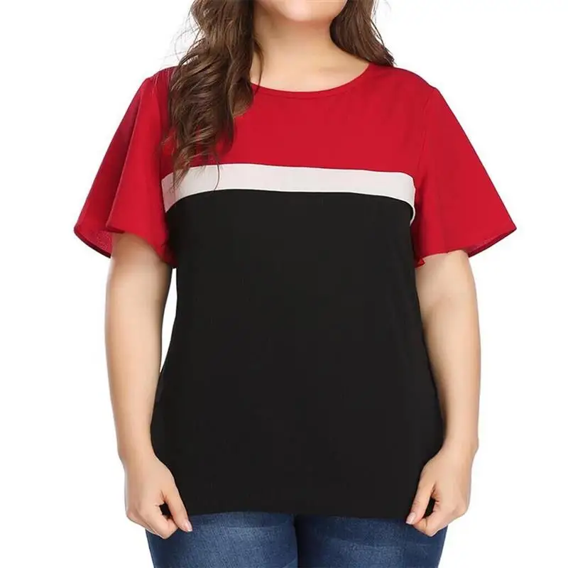 

Plus Size Stitching Color Top Women T-Shirt Casual O-Neck Short Sleeves Cotton Tops And Bloues Summer Camisetas De Mujer