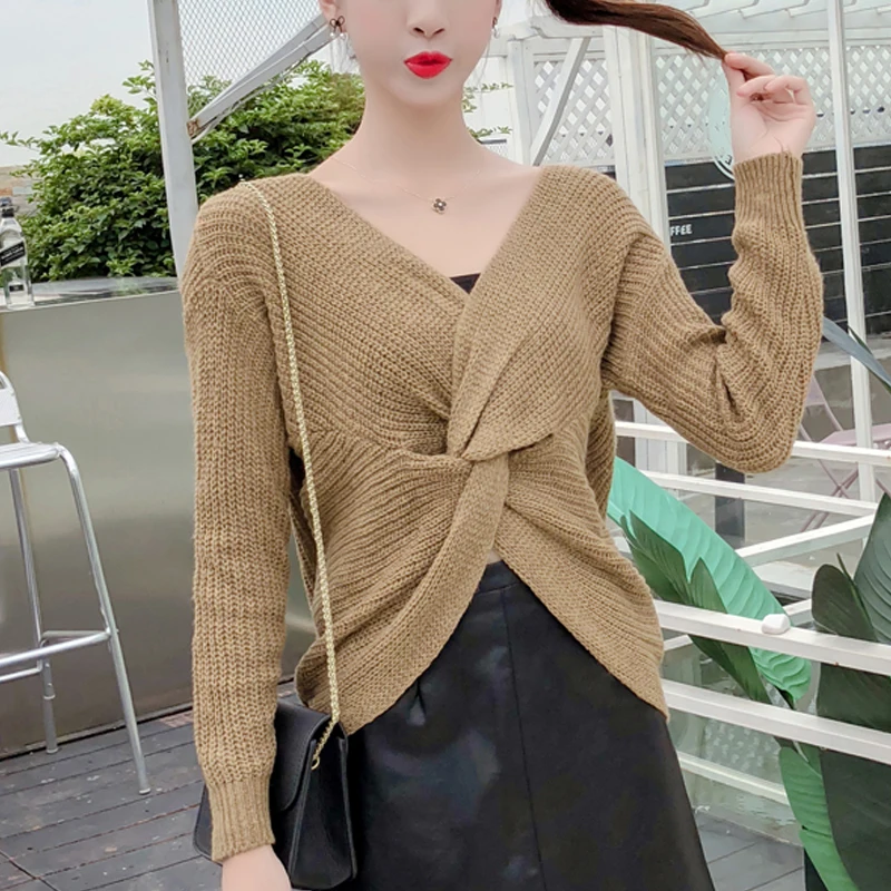 

New Autumn Women's Sweaters 2021 Slim Sexy Deep V Collar Knitted Sweater Women Solid Pullovers Sweater Tops Pull Femme 1112 90